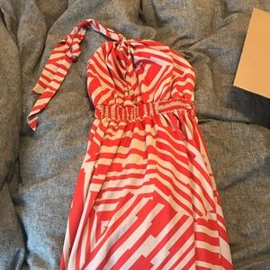 Orange and Gray Striped Maxi Halter Dress